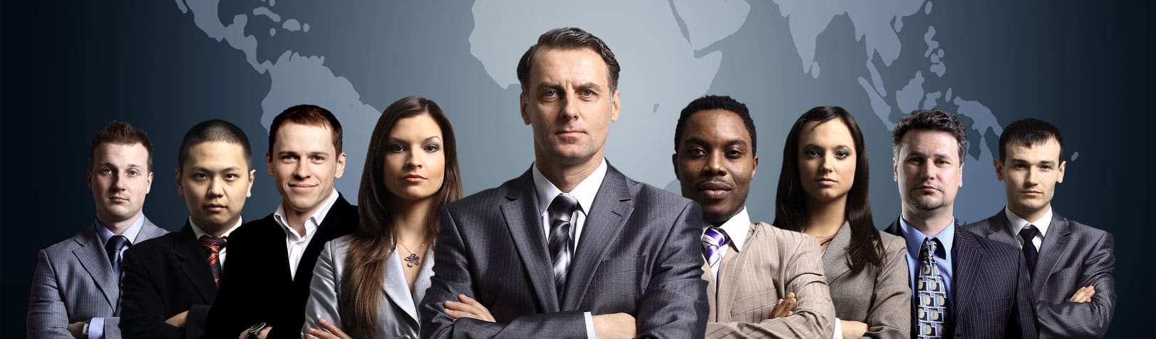 Nine diverse literary agents dressed in business suits standing with crossed arms in front of world map